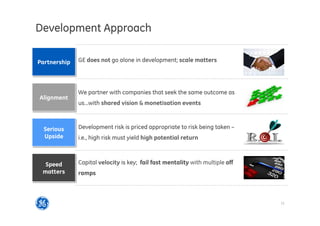 11
2014 SP overview
Development Approach
Partnership
Alignment
Serious
Upside
Speed
matters
GE does not go alone in development; scale matters
We partner with companies that seek the same outcome as
us…with shared vision  monetisation events
Development risk is priced appropriate to risk being taken –
i.e., high risk must yield high potential return
Capital velocity is key; fail fast mentality with multiple off
ramps
 