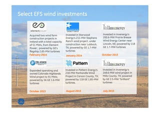 6
EFS Global Markets
27/11/15
Invested in Pattern Energy’s
218-MW Panhandle Wind
Project in Carson County, TX;
powered by 118 GE 1.85-MW
turbines.
August 2013October 2013
Expanded operating and
owned Colorado Highlands
Wind project to 91 MWs;
powered by 56 GE 1.6-MW
turbines
February 2014
Acquired two wind farm
construction projects in
Ireland with a total capacity
of 51 MWs, from Element
Power; powered by GE’s
flagship 2.85-MW turbines
Invested in Starwood
Energy’s 211-MW Stephens
Ranch wind project, under
construction near Lubbock,
TX; powered by GE 1.7-MW
turbines
January 2014
Select EFS wind investments
Invested in Invenergy’s
148.6-MW wind project in
Mills County, TX; powered
by GE 2.5-MW “brilliant”
turbines
July 2013
Invested in Invenergy’s
200.6-MW Prairie Breeze
Wind Energy Center near
Lincoln, NE; powered by 118
GE 1.7-MW turbines
October 2013
 