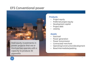 7
EFS Conventional power
Hold equity investments in
power projects that we or
third parties operate with a
capacity to produce 30
gigawatts
Products
•  Project equity
•  Preferred project equity
•  Development capital
•  Project debt
•  Leasing
Assets
•  Gas/coal
•  Power generation
•  Power transmission
•  Contracted/ merchant
•  Operating/construction/development
•  Base/intermediate/peaking
 