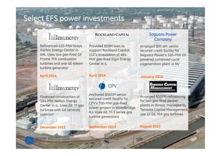 8
Select EFS power investments
September 2013
Anchored $561M senior
secured credit facility for
CPV’s 700-MW gas-fired
power project in Woodbridge,
NJ. Uses GE 7F-5 series gas
turbine generators
Financed construction of
584-MW Nelson Energy
Center in IL. Uses GE 7F gas
turbines with GE services
contract
December 2013
April 2014
Arranged $97.4M senior
secured credit facility for
Saguaro Power’s 105-MW GE-
powered combined cycle
cogeneration plant in NV
Provided $50M loan to
support Rockland Capital,
LLC’s acquisition of 484-
MW gas-fired Elgin Energy
Center in IL
January 2014
Refinanced 620-MW Grays
Harbor Energy Center in
WA. Uses two gas-fired GE
Frame 7FA combustion
turbines and one GE steam
turbine generator
April 2014
Saguaro Power
Company
August 2012
Arranged $107M refinancing
for two gas-fired peaker
plants in Illinois; managed by
Tenaska Capital Management;
use 12 GE 7EA gas turbines
 