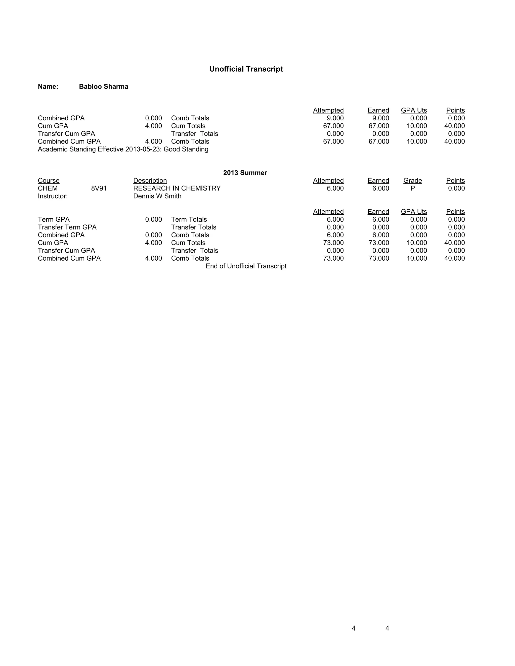 Unofficial Transcript
Name: Babloo Sharma
4 4
Attempted Earned GPA Uts Points
Combined GPA 0.000 Comb Totals 9.000 9.000 0.000 0.000
Cum GPA 4.000 Cum Totals 67.000 67.000 10.000 40.000
Transfer Cum GPA Transfer Totals 0.000 0.000 0.000 0.000
Combined Cum GPA 4.000 Comb Totals 67.000 67.000 10.000 40.000
Academic Standing Effective 2013-05-23: Good Standing
2013 Summer
Course Description Attempted Earned Grade Points
CHEM 8V91 RESEARCH IN CHEMISTRY 6.000 6.000 P 0.000
Instructor: Dennis W Smith
Attempted Earned GPA Uts Points
Term GPA 0.000 Term Totals 6.000 6.000 0.000 0.000
Transfer Term GPA Transfer Totals 0.000 0.000 0.000 0.000
Combined GPA 0.000 Comb Totals 6.000 6.000 0.000 0.000
Cum GPA 4.000 Cum Totals 73.000 73.000 10.000 40.000
Transfer Cum GPA Transfer Totals 0.000 0.000 0.000 0.000
Combined Cum GPA 4.000 Comb Totals 73.000 73.000 10.000 40.000
End of Unofficial Transcript
 