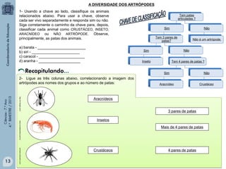 A DIVERSIDADE DOS ARTRÓPODES
1- Usando a chave ao lado, classifique os animais
relacionados abaixo. Para usar a chave, observe
cada ser vivo separadamente e responda sim ou não.
Siga corretamente o caminho da chave para, depois,
classificar cada animal como CRUSTÁCEO, INSETO,
ARACNÍDEO ou NÃO ARTRÓPODE. Observe,
principalmente, as patas dos animais.
a) barata - _______________________
b) siri - _______________________
c) caracol - ______________________
d) aranha - ____________________

Não

Tem 3 pares de
patas?

Não é um artrópode.

Não

Inseto

Tem 4 pares de patas ?

Sim

2- Ligue as três colunas abaixo, correlacionando a imagem dos
artrópodes aos nomes dos grupos e ao número de patas:

http://br.freepik.com/i
www.muraldoantena.com.br

Ciências - 7.º Ano
4.º BIMESTRE / 2013

Sim

Sim

Recapitulando...

animais.culturamix.com

13

Tem patas
articuladas ?

Não

Aracnídeo

Crustáceo

Aracnídeos
3 pares de patas
Insetos
Mais de 4 pares de patas

Crustáceos

4 pares de patas

 