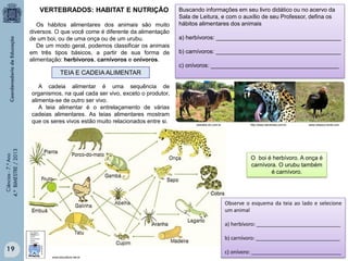 VERTEBRADOS: HABITAT E NUTRIÇÃO
Os hábitos alimentares dos animais são muito
diversos. O que você come é diferente da alimentação
de um boi, ou de uma onça ou de um urubu.
De um modo geral, podemos classificar os animais
em três tipos básicos, a partir de sua forma de
alimentação: herbívoros, carnívoros e onívoros.

Buscando informações em seu livro didático ou no acervo da
Sala de Leitura, e com o auxílio de seu Professor, defina os
hábitos alimentares dos animais
a) herbívoros: _______________________________________
b) carnívoros: _______________________________________
c) onívoros: ________________________________________

TEIA E CADEIA ALIMENTAR

Ciências - 7.º Ano
4.º BIMESTRE / 2013

A cadeia alimentar é uma sequência de
organismos, na qual cada ser vivo, exceto o produtor,
alimenta-se de outro ser vivo.
A teia alimentar é o entrelaçamento de várias
cadeias alimentares. As teias alimentares mostram
que os seres vivos estão muito relacionados entre si.

uberaba.olx.com.br

http://www.berohoka.com.br

www.oiseaux-birds.com

O boi é herbívoro. A onça é
carnívora. O urubu também
é carnívoro.

Observe o esquema da teia ao lado e selecione
um animal
a) herbívoro: _____________________________
b) carnívoro: _____________________________

19

c) onívoro: _______________________________
www.biocultura.net.br

 