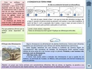 Por que podemos afirmar que os
anfíbios ainda dependem da
água?
__________________________
__________________________
__________________________
__________________________

www.cienciahoje.pt

O Grupo dos Dinossauros

A CONQUISTA DA TERRA FIRME
A vida no ambiente terrestre se diversificou.

1

2

3

4

5
modificado de:http://download.intel.com/education/Common

No ciclo do sapo, desde a fase 1, em que os ovos são deixados na água, até
a fase 3, quando os girinos ainda se parecem com peixes, a sua vida é aquática. A
partir da fase 4, com a aquisição das 4 patas, é que o sapo vai para a terra. O
sapo adulto respira pelo pulmão e pela pele e é carnívoro.
Lendo o texto abaixo, responda:
Todos os dinossauros eram iguais? Explique as diferenças entre eles.
__________________________________________________________

Alguns dinossauros se alimentavam de plantas (herbívoros). Outros eram eficientes
caçadores que abocanhavam suas vítimas com dentes afiadíssimos (carnívoros).
Sabe aqueles desenhos em que homens e mulheres da caverna fogem de
Tyranossauros? Não aconteceu de verdade. Os dinossauros foram extintos muitos
milhões de anos antes de o ser humano surgir no planeta. Portanto, o ser humano não
conviveu com os dinossauros.
Ufa! Que sorte, não?
A teoria mais aceita sobre a extinção dos dinossauros é que a queda de um
meteoro, na península de Yucatan, no México, teria provocado uma terrível mudança no
clima do planeta.

Répteis: um grupo que reúne animais com características diferentes. São as cobras, os lagartos, os jacarés e as
tartarugas. Os dinossauros são répteis extintos, isto é, eles desapareceram do planeta para sempre.

Ciências - 7.º Ano
4.º BIMESTRE / 2013

Com
os
anfíbios,
os
vertebrados
conseguiram
conquistar a terra firme e não
depender tanto da água. Mas,
se observarmos todo o ciclo de
vida de um sapo, descobrimos
que os jovens sapos, ainda em
forma de girino, vivem de
maneira muito diferente dos
sapos adultos.
A mudança de forma do
corpo do sapo é tão grande que
é chamada de metamorfose.

32

 