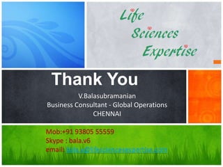 What’s Your Message?
Thank You
V.Balasubramanian
Business Consultant - Global Operations
CHENNAI
Mob:+91 93805 55559
Skype : bala.v6
email: bala.v@lifesciencesexpertise.com
 