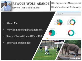 IREWOLE ‘WOLE’ AKANDE BSc. Engineering Management
Illinois Institute of TechnologyService Transition Intern
• About Me
• Why Engineering Management?
• Service Transition – Office 365
• Emerson Experience
 