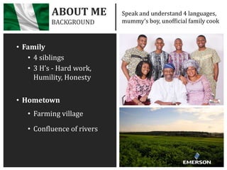 • Family
• 4 siblings
• 3 H’s - Hard work,
Humility, Honesty
• Hometown
• Farming village
• Confluence of rivers
ABOUT ME
BACKGROUND
Speak and understand 4 languages,
mummy’s boy, unofficial family cook
 