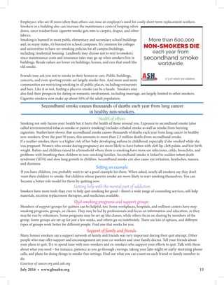 13July 2016 • www.gbuahn.org
Employees who are ill more often than others can raise an employer’s need for costly short-term replacement workers.
Smokers in a building also can increase the maintenance costs of keeping odors
down, since residue from cigarette smoke gets into to carpets, drapes, and other
fabrics.
Smoking is banned in most public elementary and secondary school buildings
and, in many states, it’s banned on school campuses. It’s common for colleges
and universities to have no-smoking policies for all campus buildings,
including residential housing. Landlords may choose not to rent to smokers
since maintenance costs and insurance rates may go up when smokers live in
buildings. Resale values are lower on buildings, homes, and cars that smell like
old smoke.
Friends may ask you not to smoke in their homes or cars. Public buildings,
concerts, and even sporting events are largely smoke-free. And more and more
communities are restricting smoking in all public places, including restaurants
and bars. Like it or not, finding a place to smoke can be a hassle. Smokers may
also find their prospects for dating or romantic involvement, including marriage, are largely limited to other smokers.
Cigarette smokers now make up about 18% of the adult population.
Secondhand smoke causes thousands of deaths each year from lung cancer
in healthy non-smokers.
Health of others
Smoking not only harms your health but it hurts the health of those around you. Exposure to secondhand smoke (also
called environmental tobacco smoke or passive smoking) includes exhaled smoke as well as smoke from burning
cigarettes. Studies have shown that secondhand smoke causes thousands of deaths each year from lung cancer in healthy
non-smokers. Over the past 50 years, this amounts to more than 2.5 million deaths from secondhand smoke.
If a mother smokes, there is a higher risk of her baby developing asthma in childhood, especially if she smoked while she
was pregnant. Women who smoke during pregnancy are more likely to have babies with cleft lip, cleft palate, and low birth
weight. Babies and children raised in a household where there is smoking have more ear infections, colds, bronchitis, and
problems with breathing than children in non-smoking families. Secondhand smoke is linked to sudden infant death
syndrome (SIDS) and slow lung growth in children. Secondhand smoke can also cause eye irritation, headaches, nausea,
and dizziness.
Quit-smoking programs and support groups
Members of support groups for quitters can be helpful, too. Some workplaces, hospitals, and wellness centers have stop-
smoking programs, groups, or classes. They may be led by professionals and focus on information and education, or they
may be run by volunteers. Some programs may be set up like classes, while others focus on sharing by members of the
group. Some groups are set up for just a few weeks, and others go on indefinitely. There are lots of options, and different
types of groups work better for different people. Find one that works for you.
Support of family and friends
Many former smokers say a support network of family and friends was very important during their quit attempt. Other
people who may offer support and encouragement are your co-workers and your family doctor. Tell your friends about
your plans to quit. Try to spend time with non-smokers and ex-smokers who support your efforts to quit. Talk with them
about what you need – for instance, patience as you go through cravings, taking your late-night or early-morning phone
calls, and plans for doing things in smoke-free settings. Find out what you can count on each friend or family member to
do.
Courtesy of cancer.org and ash.org
Setting an example
If you have children, you probably want to set a good example for them. When asked, nearly all smokers say they don’t
want their children to smoke. But children whose parents smoke are more likely to start smoking themselves. You can
become a better role model for them by quitting now.
Getting help with the mental part of addiction
Smokers have more tools than ever to help quit smoking for good – there’s a wide range of counseling services, self-help
materials, nicotine replacement therapies, and medicines available.
 