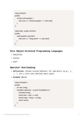 class Animal {
public:
virtual void speak() {
std::cout << "Animal speaks" << std::endl;
}
};
class Dog : public Animal {
public:
void speak() override {
std::cout << "Dog barks" << std::endl;
}
};
Pure Object-Oriented Programming Languages
Smalltalk
Eiffel
Self
Operator Overloading
Definition: Allows custom behavior for operators (e.g., +,
-, *, etc.) with user-defined data types.
Example (C++):
class Complex {
public:
int real, imag;
Complex operator + (const Complex& c) {
Complex temp;
temp.real = real + c.real;
temp.imag = imag + c.imag;
return temp;
}
};
Four Pillars of Object-Oriented Programming (OOP) 11
 