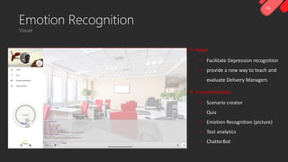 14
Emotion Recognition
 Need
• Facilitate Depression recognition
• provide a new way to teach and
evaluate Delivery Managers
 Functionnalities
• Scenario creator
• Quiz
• Emotion Recognition (picture)
• Text analytics
• ChatterBot
 