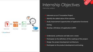 8
 Understand, synthesize and take over a need.
 Participate to the definition of the roadmap of the project.
 Design the project development architecture.
 Participate to the product development and testing.
 Intervene on an IT innovative Project.
 Identify the added value of the solution.
 study improvement opportunities of applicative functional
testing.
 develop a Windows 10 application (UWP)
Internship Objectives
 