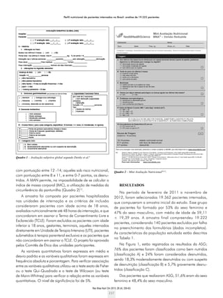 Perfil nutricional de pacientes internados no Brasil: análise de 19.222 pacientes
Rev Bras Nutr Clin 2013; 28 (4): 255-63
257
com pontuação entre 12 -14; aqueles sob risco nutricional,
com pontuação entre 8 e 11, e entre 0-7 pontos, os desnu-
tridos. A MAN permite, na impossibilidade de se calcular o
índice de massa corporal (IMC), a utilização de medidas da
circunferência da panturrilha (Quadro 2)12
.
A amostra foi composta por pacientes hospitalizados
nas unidades de internação e os critérios de inclusão
consideraram pacientes com idade acima de 18 anos,
avaliados nutricionalmente até 48 horas da internação, e que
concordaram em assinar o Termo de Consentimento Livre e
Esclarecido (TCLE). Foram excluídos os pacientes com idade
inferior a 18 anos, gestantes, terminais, aqueles internados
diretamente em Unidade de Terapia Intensiva (UTI), pacientes
submetidos à terapia parenteral exclusiva e os pacientes que
não concordaram em assinar o TCLE. O projeto foi aprovado
pelos Comitês de Ética das unidades participantes.
As variáveis quantitativas foram expressas em média e
desvio padrão e as variáveis qualitativas foram expressas em
frequência absoluta e porcentagem. Para verificar associação
entre as variáveis qualitativas utilizou-se o teste exato de Fisher
ou o teste Qui-Quadrado e o teste de Wilcoxon (ou teste
de Mann-Whitney) para verificar a relação entre as variáveis
quantitativas. O nível de significância foi de 5%.
RESULTADOS
No período de fevereiro de 2011 a novembro de
2012, foram selecionados 19.362 pacientes internados,
que compuseram a amostra inicial do estudo. Esse grupo
de pacientes foi formado por 53% do sexo feminino e
47% do sexo masculino, com média de idade de 59,11
± 19,39 anos. A amostra final compreendeu 19.222
pacientes, considerando 140 pacientes excluídos por falha
no preenchimento dos formulários (dados incompletos).
As características da população estudada estão descritas
na Tabela 1.
Na Figura 1, estão registrados os resultados da ASG;
76% dos pacientes foram classificados como bem nutridos
(classificação A) e 24% foram considerados desnutridos,
sendo 18,3% moderadamente desnutridos ou com suspeita
de desnutrição (classificação B) e 5,7% gravemente desnu-
tridos (classificação C).
Dos pacientes que realizaram ASG, 51,6% eram do sexo
feminino e 48,4% do sexo masculino.
Quadro 1 – Avaliação subjetiva global segundo Detsky et al.9
Quadro 2 – Mini Avaliação Nutricional10-12
.
 