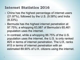 Internet Statistics 2016
 China has the highest percentage of internet users
(21.97%), followed by the U.S. (9.58%) and India
(8.33%).
 Bermuda has the highest internet penetration at
97.75%; a whopping 63,987 of Bermuda’s 65,461
population uses the internet.
 In contrast, while a whopping 86.75% of the U.S.
population uses the internet, the U.S. is only ranked
#25 in terms of internet penetration. The U.K. ranks
#15 in terms of internet penetration with an
estimated 89.90% of U.K. citizens using the internet.
 