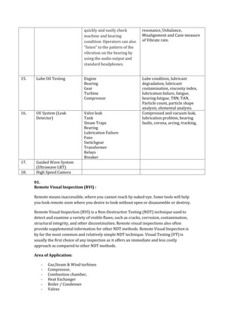 quickly and easily check
machine and bearing
condition. Operators can also
“listen” to the pattern of the
vibration on the bearing by
using the audio output and
standard headphones.
resonance, Unbalance,
Misalignment and Cane measure
of Vibrate rate.
15. Lube Oil Testing Engine
Bearing
Gear
Turbine
Compressor
Lube condition, lubricant
degradation, lubricant
contamination, viscosity index,
lubrication failure, fatigue,
bearing fatigue, TBN, TAN,
Particle count, particle shape
analysis, elemental analysis.
16. UE System (Leak
Detector)
Valve leak
Tank
Steam Traps
Bearing
Lubrication Failure
Fans
Switchgear
Transformer
Relays
Breaker
Compressed and vacuum leak,
lubrication problem, bearing
faults, corona, arcing, tracking,
17. Guided Wave System
(Ultrawave LRT)
18. High Speed Camera
01.
Remote Visual Inspection (RVI) :
Remote means inaccessible, where you cannot reach by naked eye. Some tools will help
you look remote zoon where you desire to look without open or disassemble or destroy.
Remote Visual Inspection (RVI) is a Non-Destructive Testing (NDT) technique used to
detect and examine a variety of visible flaws; such as cracks, corrosion, contamination,
structural integrity, and other discontinuities. Remote visual inspections also often
provide supplemental information for other NDT methods. Remote Visual Inspection is
by far the most common and relatively simple NDT technique. Visual Testing (VT) is
usually the first choice of any inspection as it offers an immediate and less costly
approach as compared to other NDT methods.
Area of Application:
- Gas,Steam & Wind turbines
- Compressor,
- Combustion chamber,
- Heat Exchanger
- Boiler / Condenser
- Valves
 