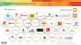 Marquee Client Base Across Industry Verticals
3copyright ©2016. All rights reserved. ISON Technologies
500+ employees Worldwide Clientele
 