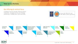Wide Service Portfolio
4copyright ©2016. All rights reserved. ISON Technologies
A leading IT service provider offering systems
integration, managed services and strategic
outsourcing in Middle East, Africa and India.
Our offerings & vertical focus
Consulting
Services
Systems
Integration
Application
Maintenance
Services
Data
Center
Cloud
Services
IT Infrastructure
Management
Services
Cyber Security
Solutions
Managed
Services
Business Analytics
& Information
Management
Customer
Experience
Management
We are ISO 27001:2013 and
9001:2008 certified organization
Oracle
Solutions
 