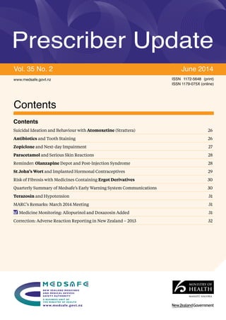 Contents
Prescriber Update
Vol. 35 No. 2	 June 2014
ISSN 1172-5648 (print)
ISSN 1179-075X (online)
www.medsafe.govt.nz
Contents
Suicidal Ideation and Behaviour with Atomoxetine (Strattera)	 26
Antibiotics and Tooth Staining	 26
Zopiclone and Next-day Impairment	 27
Paracetamol and Serious Skin Reactions	 28
Reminder: Olanzapine Depot and Post-Injection Syndrome	 28
St John’s Wort and Implanted Hormonal Contraceptives	 29
Risk of Fibrosis with Medicines Containing Ergot Derivatives	30
Quarterly Summary of Medsafe’s Early Warning System Communications	 30
Terazosin and Hypotension	 31
MARC’s Remarks: March 2014 Meeting	 31
Medicine Monitoring: Allopurinol and Doxazosin Added	 31
Correction: Adverse Reaction Reporting in New Zealand – 2013	 32
 