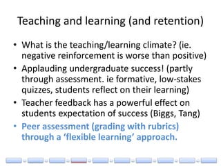 Teaching and learning (and retention)
• What is the teaching/learning climate? (ie.
negative reinforcement is worse than positive)
• Applauding undergraduate success! (partly
through assessment. ie formative, low-stakes
quizzes, students reflect on their learning)
• Teacher feedback has a powerful effect on
students expectation of success (Biggs, Tang)
• Peer assessment (grading with rubrics)
through a ‘flexible learning’ approach.
 