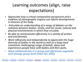 Learning outcomes (align, raise
expectations)
• Appreciate how a critical comparative perspective and a
tradition of ethnographic enquiry can inform developments
in theories of the body.
• Articulate an understanding of a range of debates on the
relations between bodies, minds, and the social, cultural and
physical environments in which they circulate.
• Be able to communicate effectively in a variety of written
and oral formats.
• Work reflexively and independently to appreciate the huge
diversity of bodies in the world as well as a large (and
sometimes challenging) range of beliefs, ideas and
experiences people have with bodies and their parts.
• Work collaboratively in a group and effectively negotiate
and manage group work (vital 21C skills)
 