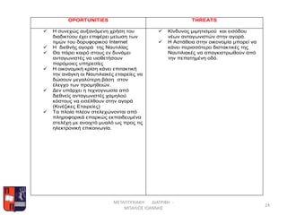ΜΕΤΑΠΤΥΧΙΑΚΗ ΔΙΑΤΡΙΒΗ -
ΜΠΑΛΙΟΣ ΙΩΑΝΝΗΣ
24
OPORTUNITIES THREATS
 Η συνεχώς αυξανόμενη χρήση του
διαδικτύου έχει επιφέρει μείωση των
τιμών του δορυφορικού Internet
 Η διεθνής αγορά της Ναυτιλίας
 Θα πάρει καιρό στους εν δυνάμει
ανταγωνιστές να υιοθετήσουν
παρόμοιες υπηρεσίες
 Η οικονομική κρίση κάνει επιτακτική
την ανάγκη οι Ναυτιλιακές εταιρείες να
δώσουν μεγαλύτερη βάση στον
έλεγχο των προμηθειών.
 Δεν υπάρχει η τεχνογνωσία από
διεθνείς ανταγωνιστές χαμηλού
κόστους να εισέλθουν στην αγορά
(Κινέζικες Εταιρείες)
 Τα πλοία πλέον στελεχώνονται από
πληροφορικά επαρκώς εκπαιδευμένα
στελέχη με ανοιχτό μυαλό ως προς τις
ηλεκτρονική επικοινωνία.
 Κίνδυνος μιμητισμού και εισόδου
νέων ανταγωνιστών στην αγορά.
 H Αστάθεια στην οικονομία μπορεί να
κάνει περισσότερο διστακτικές της
Ναυτιλιακές να απαγκιστρωθούν από
την πεπατημένη οδό.
 