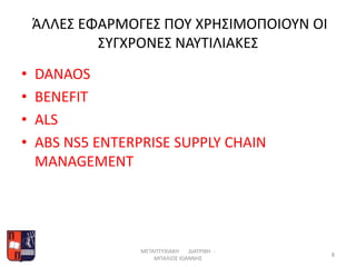 ΆΛΛΕΣ ΕΦΑΡΜΟΓΕΣ ΠΟΥ ΧΡΗΣΙΜΟΠΟΙΟΥΝ ΟΙ
ΣΥΓΧΡΟΝΕΣ ΝΑΥΤΙΛΙΑΚΕΣ
• DANAOS
• BENEFIT
• ALS
• ABS NS5 ENTERPRISE SUPPLY CHAIN
MANAGEMENT
ΜΕΤΑΠΤΥΧΙΑΚΗ ΔΙΑΤΡΙΒΗ -
ΜΠΑΛΙΟΣ ΙΩΑΝΝΗΣ
8
 