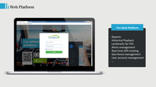 Web Platform
Reports
Historical Playback
Landmarks for POI
Alerts management
Real-time GPS tracking
Geo-fence management
User account management
...
Pro Web Platform
 