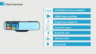 Main Functions
WCDMA(2G version available)
Google map navigation
1080P video recording
Vibration Alert
5 inch IPS screen
Bluetooth calls
Android OS
 