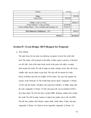 12
Banner $15.99
Prizes $395.00
Game Prizes $395.00
Venue - name of venue $4,668.13
Venue rental fee - # days @ $/day $3,250.00
Venue staffing charges - crew, custodial, stage manager, etc $1,418.13
Miscellaneous Contingency - 10% $830.61
TOTAL $9,136.72
Section IV: Event Design- RFP (Request for Proposal)
a) Taste (Menu)
The main focus for our menu was allowing our guests to travel the world with
food. The menus will be placed on the tables to allow guests a preview of the food
we will offer. Each of the main foods served at the party will reflect a country
from around the world. We will be using an onsite catering service that will set up
a buffet style area for guests to get food. The cake will be catered by Candy
Haven in Denton and will cost roughly $140 to make. The cake will caputure the
essence of the Welcome To The World baby shower theme. (Appendix E, Picture
12) We will also feature 100 globe cake pops from Isabelly’s in Dallas along with
the cake. (Appendix E, Picture 13) The cake pops will cost an estimated $350 to
have them made. We will also have a candy bufffet featuring candies from around
the world. We will be using Amazon to import the candies and it will cost $400.
We will have candies from Mexico, Japan, India, South Africa, China, and more
(Appendix E, Picture 14). Menu is in the Appendix (Appendix E, Picture 15).
 