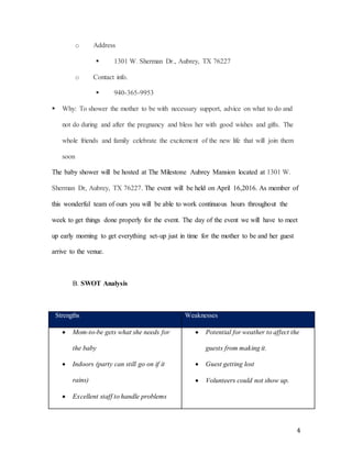 4
o Address
 1301 W. Sherman Dr., Aubrey, TX 76227
o Contact info.
 940-365-9953
 Why: To shower the mother to be with necessary support, advice on what to do and
not do during and after the pregnancy and bless her with good wishes and gifts. The
whole friends and family celebrate the excitement of the new life that will join them
soon
The baby shower will be hosted at The Milestone Aubrey Mansion located at 1301 W.
Sherman Dr, Aubrey, TX 76227. The event will be held on April 16,2016. As member of
this wonderful team of ours you will be able to work continuous hours throughout the
week to get things done properly for the event. The day of the event we will have to meet
up early morning to get everything set-up just in time for the mother to be and her guest
arrive to the venue.
B. SWOT Analysis
Strengths Weaknesses
 Mom-to-be gets what she needs for
the baby
 Indoors (party can still go on if it
rains)
 Excellent staff to handle problems
 Potential for weather to affect the
guests from making it.
 Guest getting lost
 Volunteers could not show up.
 