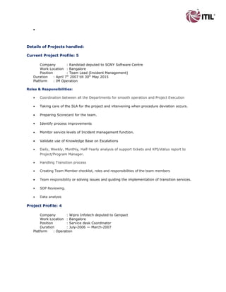 • Incident quality check for better performance.
• Train other resources in Operational Management Framework (OMF).
• Using VVM board in the daily standup meeting to project the updates daily basis, and also
use DSR for the updates for the backlog tickets.
Details of Projects handled:
Current Project Profile: 5
Company : Randstad deputed to SONY Software Centre
Work Location : Bangalore
Position : Team Lead (Incident Management)
Duration : April 7th
2007 till 30th
May 2015
Platform : IM Operation
Roles & Responsibilities:
• Coordination between all the Departments for smooth operation and Project Execution
• Taking care of the SLA for the project and intervening when procedure deviation occurs.
• Preparing Scorecard for the team.
• Identify process improvements
• Monitor service levels of Incident management function.
• Validate use of Knowledge Base on Escalations
• Daily, Weekly, Monthly, Half-Yearly analysis of support tickets and KPI/status report to
Project/Program Manager.
• Handling Transition process
• Creating Team Member checklist, roles and responsibilities of the team members
• Team responsibility or solving issues and guiding the implementation of transition services.
• SOP Reviewing.
• Data analysis
Project Profile: 4
Company : Wipro Infotech deputed to Genpact
Work Location : Bangalore
Position : Service desk Coordinator
Duration : July-2006 — March-2007
Platform : Operation
 
