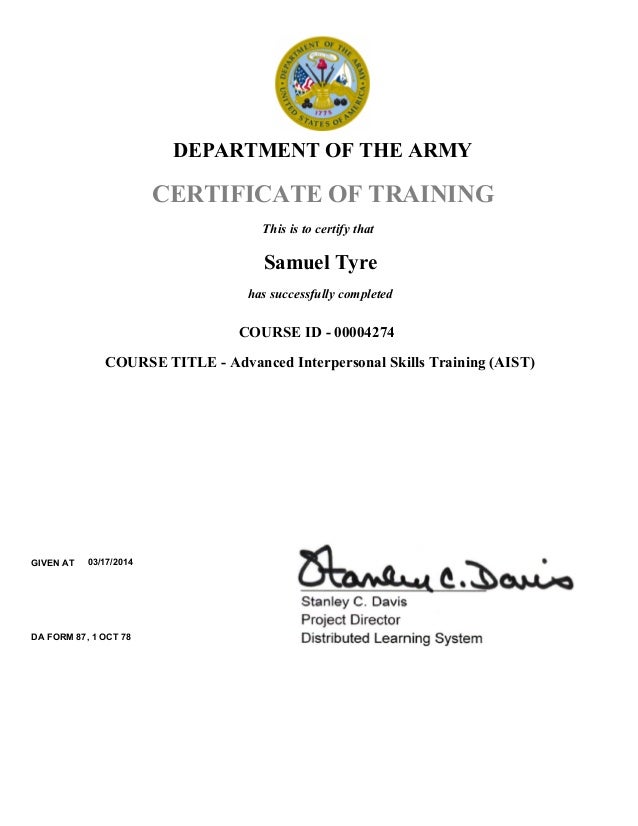 advance interpersonal skills training certificate da form 87