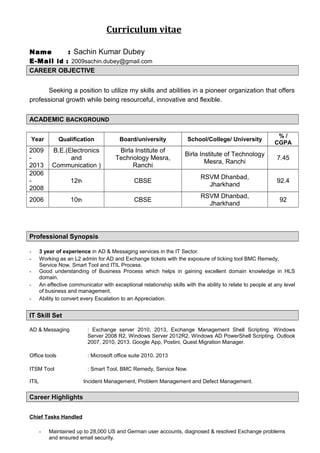 Curriculum vitae
Name : Sachin Kumar Dubey
E-Mail id : 2009sachin.dubey@gmail.com
CAREER OBJECTIVE
Seeking a position to utilize my skills and abilities in a pioneer organization that offers
professional growth while being resourceful, innovative and flexible.
ACADEMIC BACKGROUND
Year Qualification Board/university School/College/ University
% /
CGPA
2009
-
2013
B.E.(Electronics
and
Communication )
Birla Institute of
Technology Mesra,
Ranchi
Birla Institute of Technology
Mesra, Ranchi
7.45
2006
-
2008
12th CBSE
RSVM Dhanbad,
Jharkhand
92.4
2006 10th CBSE
RSVM Dhanbad,
Jharkhand
92
Professional Synopsis
- 3 year of experience in AD & Messaging services in the IT Sector.
- Working as an L2 admin for AD and Exchange tickets with the exposure of ticking tool BMC Remedy,
Service Now, Smart Tool and ITIL Process.
- Good understanding of Business Process which helps in gaining excellent domain knowledge in HLS
domain.
- An effective communicator with exceptional relationship skills with the ability to relate to people at any level
of business and management.
- Ability to convert every Escalation to an Appreciation.
IT Skill Set
AD & Messaging : Exchange server 2010, 2013, Exchange Management Shell Scripting. Windows
Server 2008 R2, Windows Server 2012R2, Windows AD PowerShell Scripting. Outlook
2007, 2010, 2013. Google App, Postini, Quest Migration Manager.
Office tools : Microsoft office suite 2010, 2013
ITSM Tool : Smart Tool, BMC Remedy, Service Now.
ITIL Incident Management, Problem Management and Defect Management.
Career Highlights
Chief Tasks Handled
- Maintained up to 28,000 US and German user accounts, diagnosed & resolved Exchange problems
and ensured email security.
 