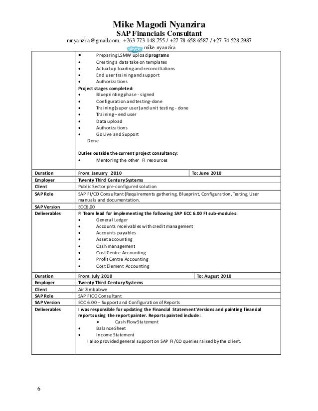Resume sap consultant 4 6c implementation