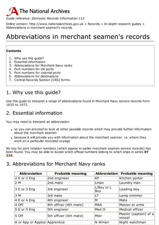 Guide reference: Domestic Records Information 112
Online version: http://www.nationalarchives.gov.uk > Records > In-depth research guides >
Abbreviations in merchant seamen's records
Abbreviations in merchant seamen's records
Contents
1. Why use this guide?
2. Essential information
3. Abbreviations for Merchant Navy ranks
4. Port numbers for UK ports
5. Port numbers for colonial ports
6. Abbreviations for destinations
7. Central Records Section (CRS) forms
1. Why use this guide?
Use this guide to interpret a range of abbreviations found in Merchant Navy service records from
1835 to 1972.
2. Essential information
You may need to interpret an abbreviation
l so you can proceed to look at other possible records which may provide further information
about the merchant seamen
l because it will provide you with information about the merchant seamen  i.e. where they
went on a particular recorded voyage
No key for port rotation numbers (which appear in earlier merchant seamen service records) has
been found. You may be able to locate which official numbers belong to which ships in series BT
336.
3. Abbreviations for Merchant Navy ranks
Abbreviation Probable meaning Abbreviation Probable meaning
2 E or 2 Eng 2nd engineer KP Kitchen porter
2 M 2nd mate Lman Laundry man
3 E or 3 Eng 3rd engineer
L/Boy or L
Boy
Leading boy
3 M 3rd mate LT Lamp trimmer
4 E or 4 Eng 4th engineer M Mate
4 Off 4th officer (4th mate) MAA Master at arms
5 E or 5 Eng 5th engineer Med O Medical officer
5 Off 5th officer (5th mate) Mstr
Master (captain) of a
vessel
A or App or Apptce Apprentice N Wman Night watchman
 
