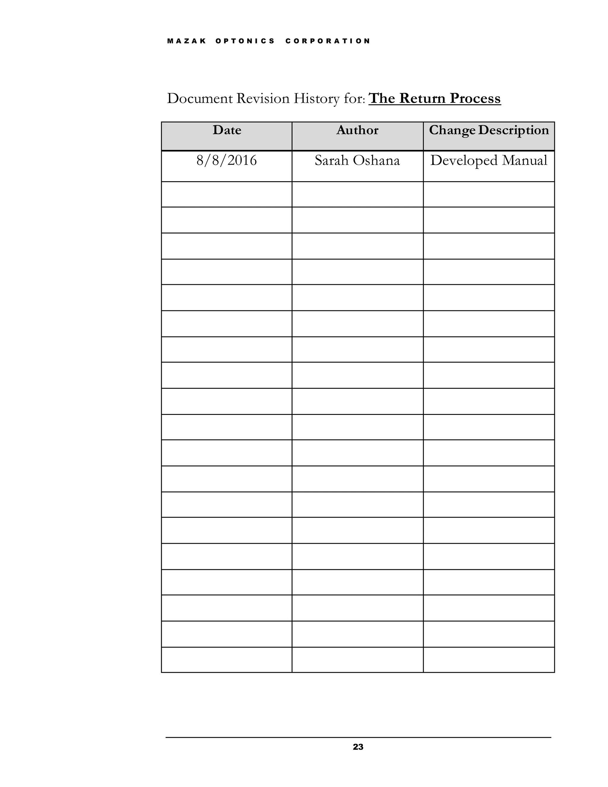 M A Z A K O P T O N I C S C O R P O R A T I O N
23
Document Revision History for: The Return Process
8/8/2016 Sarah Oshana Developed Manual
Date Author Change Description
 
