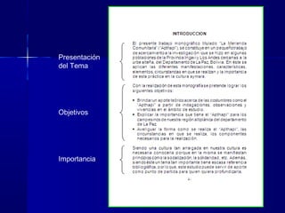 Presentación
del Tema
Objetivos
Importancia
 