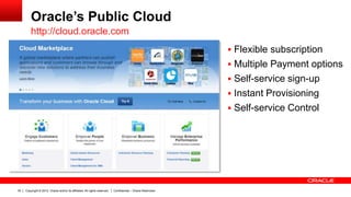 Copyright © 2012, Oracle and/or its affiliates. All rights reserved.35 Confidential – Oracle Restricted
Oracle’s Public Cloud
 Flexible subscription
 Multiple Payment options
 Self-service sign-up
 Instant Provisioning
 Self-service Control
http://cloud.oracle.com
 
