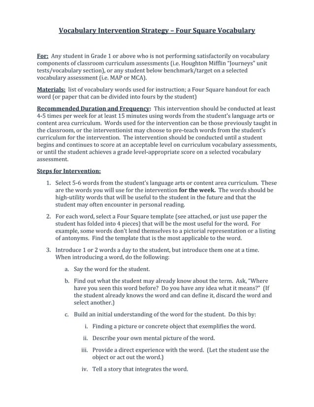 FourSquareVocabularyIntervention PDF Educational Assessment