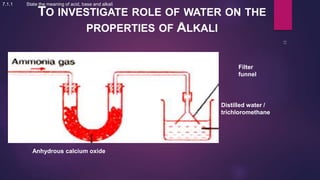 TO INVESTIGATE ROLE OF WATER ON THE
PROPERTIES OF ALKALI
Filter
funnel
Distilled water /
trichloromethane
Anhydrous calcium oxide
7.1.1 State the meaning of acid, base and alkali
 