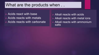 What are the products when . .
 Acids react with base
 Acids reacts with metals
 Acids reacts with carbonate
 Alkali reacts with acids
 Alkali reacts with metal ions
 Alkali reacts with ammonium
salts
 