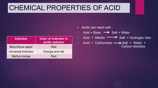 CHEMICAL PROPERTIES OF ACID
Indicator Color of indicator in
acidic solution
Blue litmus paper Red
Universal Indicator Orange and red
Methyl orange Red
 Acids can react with :
1. Acid + Base Salt + Water
2. Acid + Metals Salt + Hydrogen Gas
3. Acid + Carbonates Salt + Water +
Carbon dioxides
 