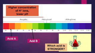 Higher concentration
of H+ ions,
lower pH
Acid A
Which acid is
STRONGER?
 