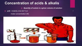 Concentration of acids & alkalis
 Quantity of solute in a given volume of solution
 unit : molarity (mol dm-3) or
molar concentration (M)
Solute (g) + water (dm3)
 