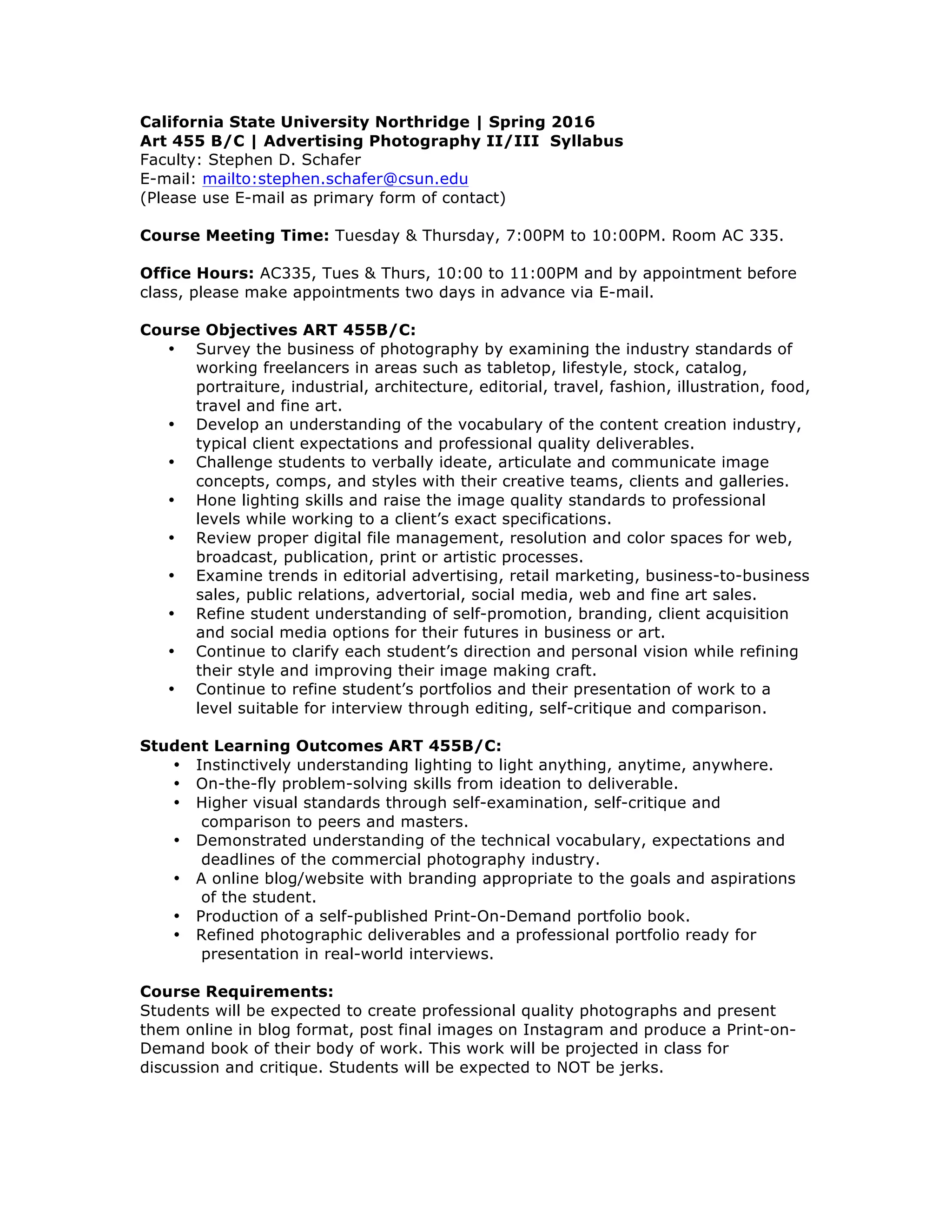 CSUN, Art 455 Syllabus Spring 2016 semester, CSU Northridge PDF