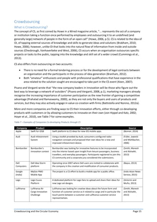 Crowdsourcing and the Circular Economy Page 15
Crowdsourcing
What is Crowdsourcing?
The concept of CS, as first coined by Howe in a Wired magazine article, “... represents the act of a company
or institution taking a function once performed by employees and outsourcing it to an undefined (and
generally large) network of people in the form of an open call” (Howe, 2006, p.5). CS is related to the idea of
OI, of tapping external sources of knowledge and skills to generate ideas and solutions (Brabham, 2010;
Howe, 2006); however, unlike OI that looks into the natural flow of information from inside and outside
sources (Chesbrough, Vanhaverbeke and West, 2006), CS occurs when an organisation outsources specific
projects or tasks to the public, tapping into the knowledge and skill set of a wider crowd (Cummings et al.,
2013).
CS also differs from outsourcing on two accounts:
 There is no need for a formal tendering process or for the development of legal contracts between
an organisation and the participants in the process of idea generation (Branham, 2012).
 Both “amateur” enthusiasts and people with professional qualifications that have experience in the
area related to the solution sought are encouraged to take part in the CS event (Keen, 2007).
Pisano and Verganti wrote that “the new company leaders in innovation will be those who figure out the
best way to leverage a network of outsiders” (Pisano and Verganti, 2008, p.1), marketing managers already
recognise the increasing importance of customer participation as the new frontier of gaining a competitive
advantage (Prahalad and Ramaswamy, 2000), as they are not only the buyers and users of products and
services, but they may also actively engage in value co-creation with firms (Battistella and Nonino, 2012a).
More and more companies are finding ways to CS their innovation efforts, either through co-developing
products with customers or by allowing customers to innovate on their own (von Hippel and Katz, 2002;
Hoyer et al., 2010), see Table 7 for some examples.
Table 7 – Examples of Companies Co-developing Products through CS
Company Product Description Source
Apple Swift for iOS8 Swift platform to CS ideas for new iOS mobile apps. (Bonner, 2014)
Audi Audi Infotainment
System
Using a toolkit provided by Audi, consumers configured radio-
navigation concepts and proposed their own ideas for a new and
improved infotainment device.
(Füller, Jawecki
and Mühlbacher,
2006)
Bombardier Bombardier's
innovation contest
Bombardier was looking for innovative features to be incorporated
into the interior based upon insight from leisure passengers, business
travellers, and everyday passengers. Participants registered to join this
CS community and a corporate jury considered the submissions.
(Smith, Manesh
and Alshaikh,
2013)
Dell
Computers
Dell Idea Storm
platform
Operating since 2007 where Dell users are invited to collaborate with
the company in the creation and modification of consumer products.
(Bayus, 2013)
Google
(India)
MyGov PMO
Mobile App
The project is a CS effort to build a mobile app for a public office. (Indo-Asian News
Service, 2015)
Lego Lego Cuuso
Platform
A dedicated platform for Lego-fans to upload and share their ideas for
new Lego set designs.
(Antorini and
Muñiz, 2013)
Lufthansa Lufthansa Air
Cargo Innovation
Challenge
Lufthansa was looking for creative ideas about the future form and
function of customer service as it related to cargo and in particular the
touch points between a customer and Lufthansa customer service
representatives.
(Smith, Manesh
and Alshaikh,
2013)
 