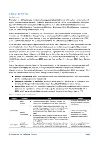 Crowdsourcing and the Circular Economy Page 4
Circular Economy
Background
The notion of a CE has its roots in industrial ecology dating back to the mid-1950s, when a large number of
studies by environmental academics looked for ways to remodel the current industrial systems, taking into
account both the earth’s eco-system and the availability of an efficient utilisation of natural resources
(Bonciu, 2014; Ellen MacArthur Foundation and McKinsey & Company, 2014; Ellen MacArthur Foundation,
2012, 2013; McDonough and Braungart, 2010)
The current global system of production and consumption is predominantly linear, meaning that natural
resources are extracted (either through mining or natural growth), then used in manufacturing, distributed
as end-products and then finally disposed of once a product has been consumed or reached its end-of-life
(Ellen MacArthur Foundation, 2012, 2013; Hislop and Hill, 2013; McDonough and Braungart, 2010).
In the past years, several global, regional and local initiatives have taken place to tackle environmental issues
stemming from the linear-flow of materials; initiatives such as: waste management, global CO2 emission
quotas, pollution reduction, efficient material extraction through recycling, etc., but studies have shown that
despite such initiatives, the current linear system places a high toll on the environment and is unsustainable
in the long run (see Table 1) (Bakker et al., 2014; Bonciu, 2014; Ellen MacArthur Foundation and McKinsey &
Company, 2014, 2015; Ellen MacArthur Foundation, 2013; Fischer-Kowalski and Swilling, 2011; Hislop and
Hill, 2013; Lacy, Keeble and McNamara, 2014; Mathews, Tang and Tan, 2011; Preston, 2012; Rivera-Camino,
2007).
One of the major contributing factors to the unsustainability of the linear economy is the steady decline of
the lifespans of most physical products, leading to an accelerated creation of products to replace the
obsolete ones, and thus resulting in increased environmental waste (Bakker et al., 2014; Bartels et al., 2012).
There are three main contributing factors leading to the shortening of a product life cycle:
 Planned obsolescence, which benefits the manufacturer by increasing product sales over time (e.g.
printer cartridges, consumer electronics).
 Changes in technology or legislation, which can render a product obsolete (e.g. a move away from
the physical storage medium (cassettes, floppy disks, CD/DVDs) to cloud-based storage.
 Competition, which can force manufacturers to abandon old products to keep pace with consumer
demands and expectations for new products (e.g. the move away from Plasma TVs to LCD TVs in
2009, which was accelerated by the drop in consumer demand for the former class of TVs).
Table 1 – Challenges of the Linear Economy
Category Challenge Issue Impact
Demography
Rapid
Growth
 Estimated growth of world population from est. 7bn
(2014) to 9bn people by 2050 (The World Bank, 2014).
Increase in overall energy and
water consumption, reduction
in land-mass.
Intense
Urbanization
 In 2007, 50% of the world population lived in cities, and
although cities occupy less than 2% of earth’s land-mass,
they account for 70% of global CO2 emissions (from
transport, construction and industrial-activities) (IEA,
2008).
 It is expected that the extra 2bn people by 2050 (mainly
from developing countries) will be living in cities in what is
called “Second Wave Urbanization” (Fischer-Kowalski and
Swilling, 2011).
Further increase in energy
consumption and CO2
emissions by 76% (Fischer-
Kowalski and Swilling, 2011)
Consumption
Limited
Regenerative
Capacity
 Rise in global affluence together with increase in demand
for non-renewable resources (e.g. metals, minerals and
fossil fuel) created great strains on Earth’s regenerative
If current trends will continue
this way by 2030 human
activity would need 2 earths to
 