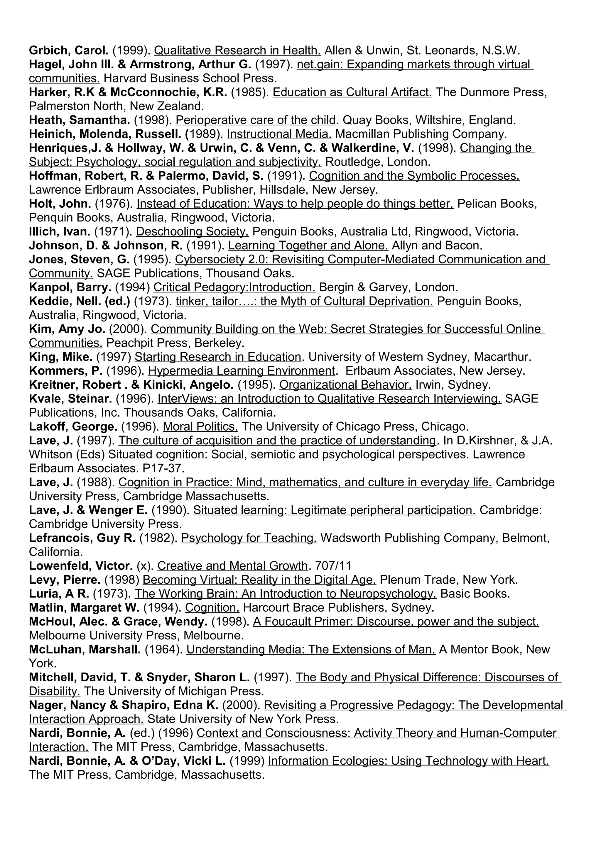 Grbich, Carol. (1999). Qualitative Research in Health. Allen & Unwin, St. Leonards, N.S.W.
Hagel, John III. & Armstrong, Arthur G. (1997). net.gain: Expanding markets through virtual
communities. Harvard Business School Press.
Harker, R.K & McCconnochie, K.R. (1985). Education as Cultural Artifact. The Dunmore Press,
Palmerston North, New Zealand.
Heath, Samantha. (1998). Perioperative care of the child. Quay Books, Wiltshire, England.
Heinich, Molenda, Russell. (1989). Instructional Media. Macmillan Publishing Company.
Henriques,J. & Hollway, W. & Urwin, C. & Venn, C. & Walkerdine, V. (1998). Changing the
Subject: Psychology, social regulation and subjectivity. Routledge, London.
Hoffman, Robert, R. & Palermo, David, S. (1991). Cognition and the Symbolic Processes.
Lawrence Erlbraum Associates, Publisher, Hillsdale, New Jersey.
Holt, John. (1976). Instead of Education: Ways to help people do things better. Pelican Books,
Penquin Books, Australia, Ringwood, Victoria.
Illich, Ivan. (1971). Deschooling Society. Penguin Books, Australia Ltd, Ringwood, Victoria.
Johnson, D. & Johnson, R. (1991). Learning Together and Alone. Allyn and Bacon.
Jones, Steven, G. (1995). Cybersociety 2.0: Revisiting Computer-Mediated Communication and
Community. SAGE Publications, Thousand Oaks.
Kanpol, Barry. (1994) Critical Pedagory:Introduction. Bergin & Garvey, London.
Keddie, Nell. (ed.) (1973). tinker, tailor….: the Myth of Cultural Deprivation. Penguin Books,
Australia, Ringwood, Victoria.
Kim, Amy Jo. (2000). Community Building on the Web: Secret Strategies for Successful Online
Communities. Peachpit Press, Berkeley.
King, Mike. (1997) Starting Research in Education. University of Western Sydney, Macarthur.
Kommers, P. (1996). Hypermedia Learning Environment. Erlbaum Associates, New Jersey.
Kreitner, Robert . & Kinicki, Angelo. (1995). Organizational Behavior. Irwin, Sydney.
Kvale, Steinar. (1996). InterViews: an Introduction to Qualitative Research Interviewing. SAGE
Publications, Inc. Thousands Oaks, California.
Lakoff, George. (1996). Moral Politics. The University of Chicago Press, Chicago.
Lave, J. (1997). The culture of acquisition and the practice of understanding. In D.Kirshner, & J.A.
Whitson (Eds) Situated cognition: Social, semiotic and psychological perspectives. Lawrence
Erlbaum Associates. P17-37.
Lave, J. (1988). Cognition in Practice: Mind, mathematics, and culture in everyday life. Cambridge
University Press, Cambridge Massachusetts.
Lave, J. & Wenger E. (1990). Situated learning: Legitimate peripheral participation. Cambridge:
Cambridge University Press.
Lefrancois, Guy R. (1982). Psychology for Teaching. Wadsworth Publishing Company, Belmont,
California.
Lowenfeld, Victor. (x). Creative and Mental Growth. 707/11
Levy, Pierre. (1998) Becoming Virtual: Reality in the Digital Age. Plenum Trade, New York.
Luria, A R. (1973). The Working Brain: An Introduction to Neuropsychology. Basic Books.
Matlin, Margaret W. (1994). Cognition. Harcourt Brace Publishers, Sydney.
McHoul, Alec. & Grace, Wendy. (1998). A Foucault Primer: Discourse, power and the subject.
Melbourne University Press, Melbourne.
McLuhan, Marshall. (1964). Understanding Media: The Extensions of Man. A Mentor Book, New
York.
Mitchell, David, T. & Snyder, Sharon L. (1997). The Body and Physical Difference: Discourses of
Disability. The University of Michigan Press.
Nager, Nancy & Shapiro, Edna K. (2000). Revisiting a Progressive Pedagogy: The Developmental
Interaction Approach. State University of New York Press.
Nardi, Bonnie, A. (ed.) (1996) Context and Consciousness: Activity Theory and Human-Computer
Interaction. The MIT Press, Cambridge, Massachusetts.
Nardi, Bonnie, A. & O’Day, Vicki L. (1999) Information Ecologies: Using Technology with Heart.
The MIT Press, Cambridge, Massachusetts.
 
