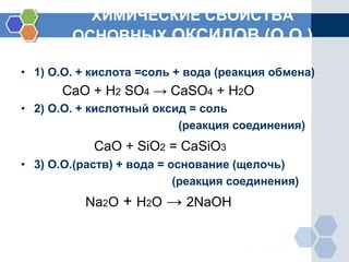 ХИМИЧЕСКИЕ СВОЙСТВА
ОСНОВНЫХ ОКСИДОВ (О.О.)
• 1) О.О. + кислота =соль + вода (реакция обмена)
CaO + H2 SO4 → CaSO4 + H2O
• 2) О.О. + кислотный оксид = соль
(реакция соединения)
СaO + SiO2 = CaSiO3
• 3) О.О.(раств) + вода = основание (щелочь)
(реакция соединения)
Na2O + H2O → 2NaOH
 