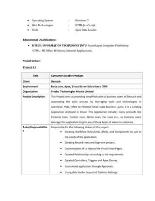 • Operating System : Windows 7.
• Web Technologies : HTML,JavaScript.
• Tools : Apex Data Loader.
Educational Qualification:
• B.TECH, INFORMATION TECHNOLOGY JNTU, Ananthapur Computer Proficiency
HTML, MS Office, Windows, Internet Applications.
Project Detials:
Project #1
Title Consumer Durable Products
Client Deutsch
Environment Force.com, Apex, Visual force Sales force CRM
Organization Tresbu Technologies Private Limited
Project Description This Project aims at providing simplified sales to business users of Deutsch and
automating the sales process by leveraging tools and technologies in
salesforce. PSBL refers to Personal Small scale Business Loans, it is a Lending
Application deployed in Cloud. This Application includes many products like
Personal Loan, Doctors Loan, Home Loan, Car Loan etc., so business users
leverage this application to give any of these types of loans to customers.
Roles/Responsibilitie
s
Responsible for the following phases of the project:
• Creating Workflow Rules,Email Alerts, and Components to suit to
the needs of the application.
• Creating Record types and Approval process.
• Customization of UI objects like Visual Force Pages.
• Created Relationships according to the requirement.
• Created Controllers, Triggers and Apex Classes.
• Customized application through Approvals.
• Using data loader imported Custom Settings.
 