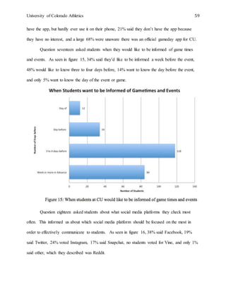 University of Colorado Athletics 59
have the app, but hardly ever use it on their phone, 21% said they don’t have the app because
they have no interest, and a large 68% were unaware there was an official gameday app for CU.
Question seventeen asked students when they would like to be informed of game times
and events. As seen in figure 15, 34% said they’d like to be informed a week before the event,
48% would like to know three to four days before, 14% want to know the day before the event,
and only 5% want to know the day of the event or game.
Question eighteen asked students about what social media platforms they check most
often. This informed us about which social media platform should be focused on the most in
order to effectively communicate to students. As seen in figure 16, 38% said Facebook, 19%
said Twitter, 24% voted Instagram, 17% said Snapchat, no students voted for Vine, and only 1%
said other, which they described was Reddit.
 